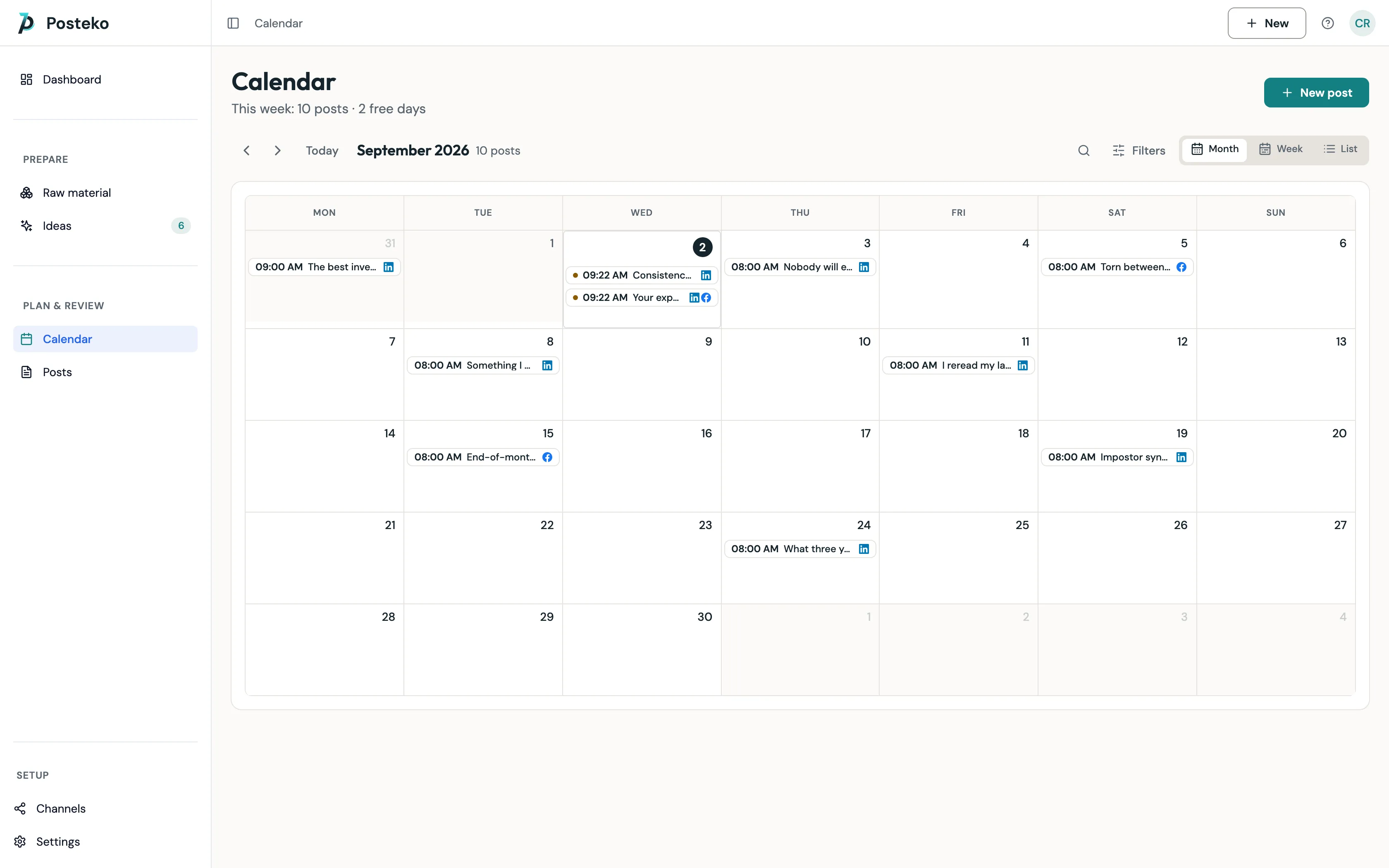 Monthly calendar with LinkedIn and Facebook posts scheduled and published
