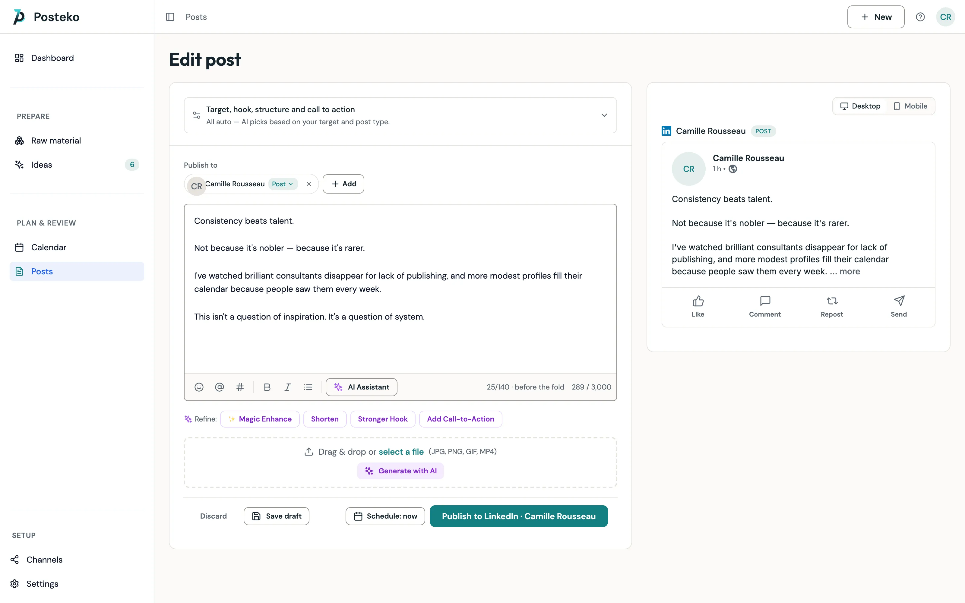 The Posteko editor with a generated post and its LinkedIn preview