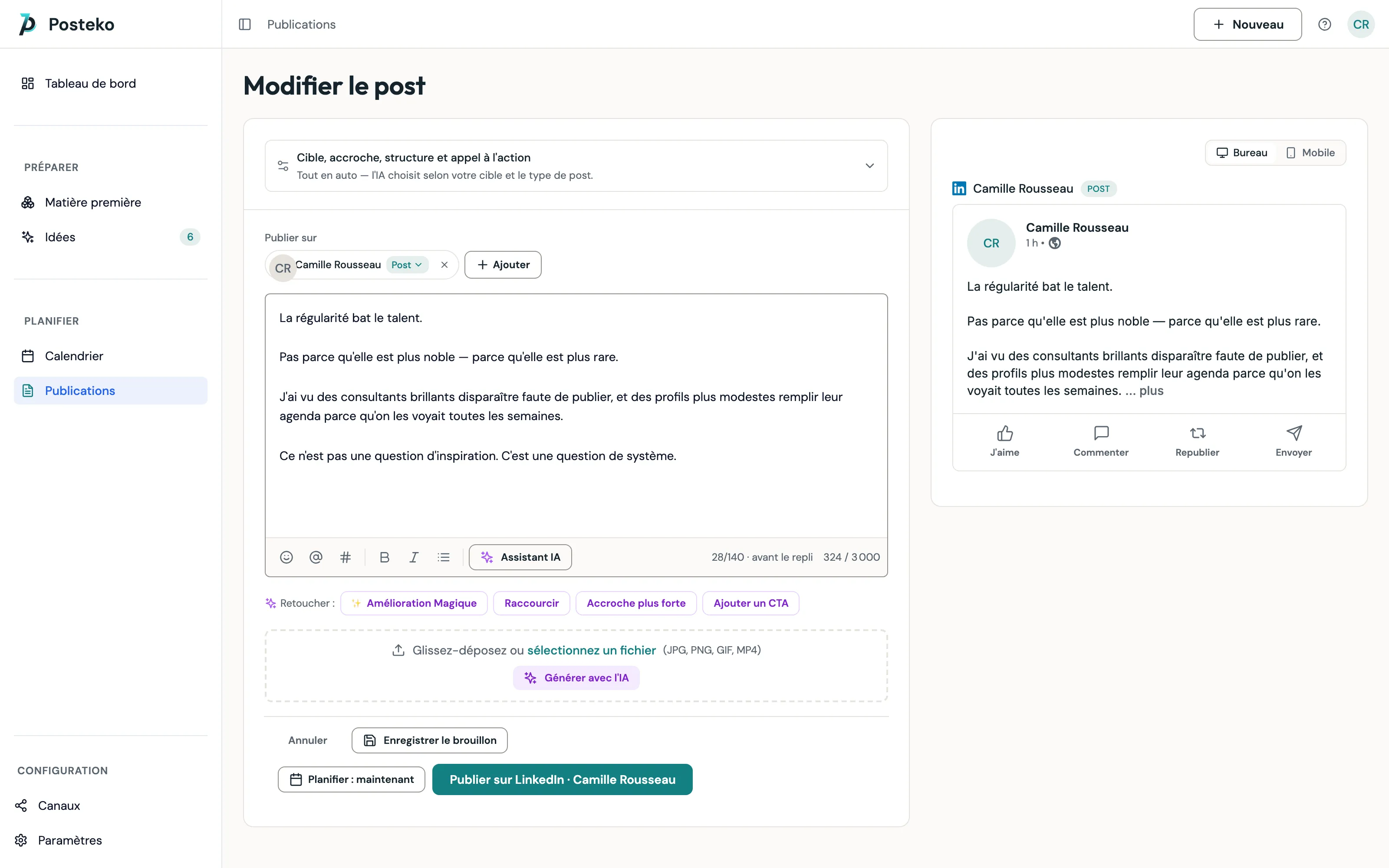 L'éditeur Posteko avec un post généré et son aperçu LinkedIn