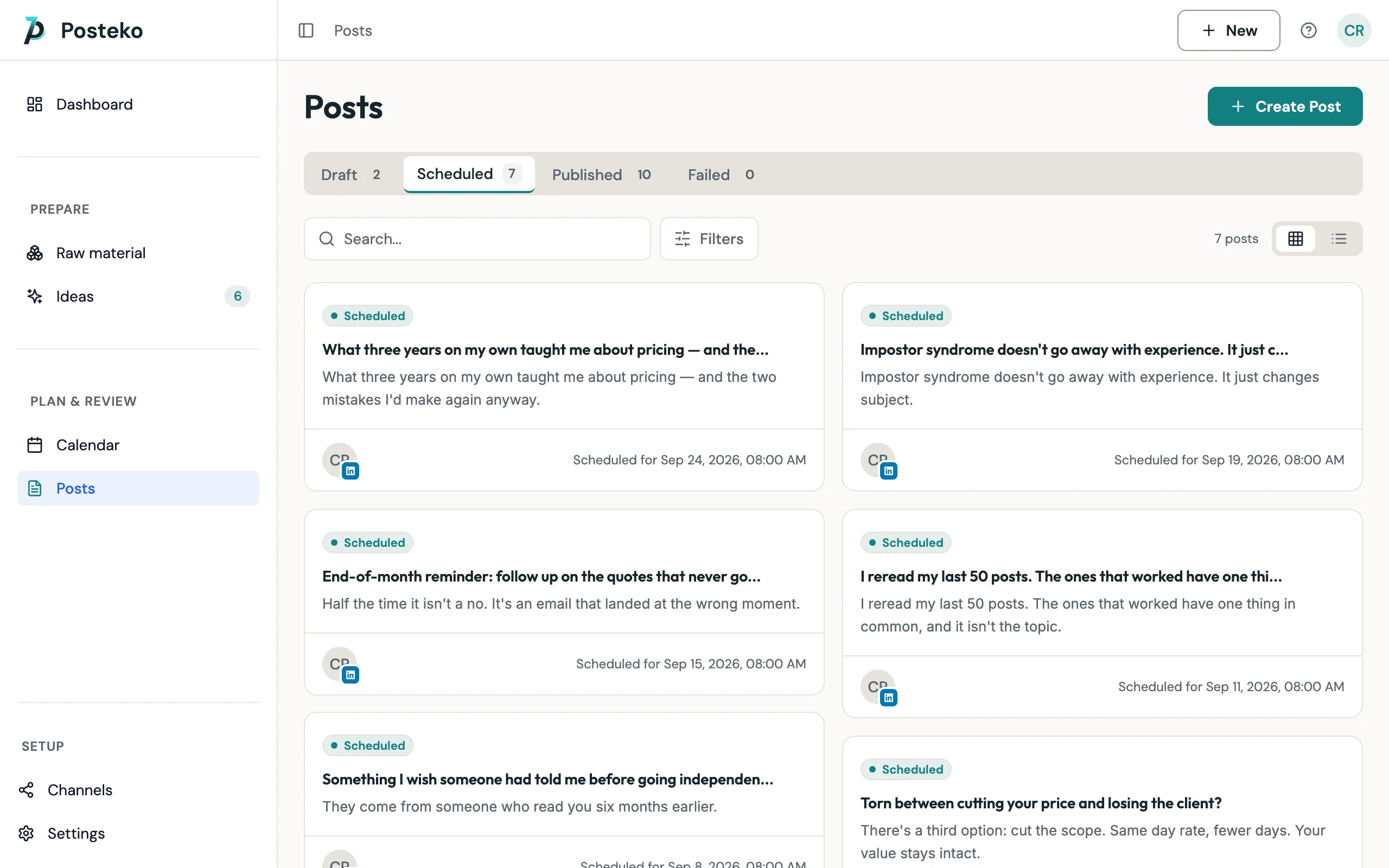 Post list: draft, scheduled and published tabs, with send times